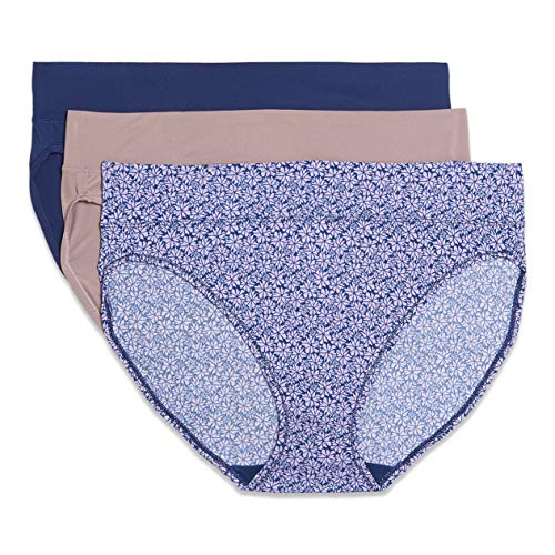 Warner's Women's Blissful Benefits Muffin Top Tailored Hi-Cut Panties Multipack, Navy Ink Cutout Blooms/Mink/Navy Ink, M