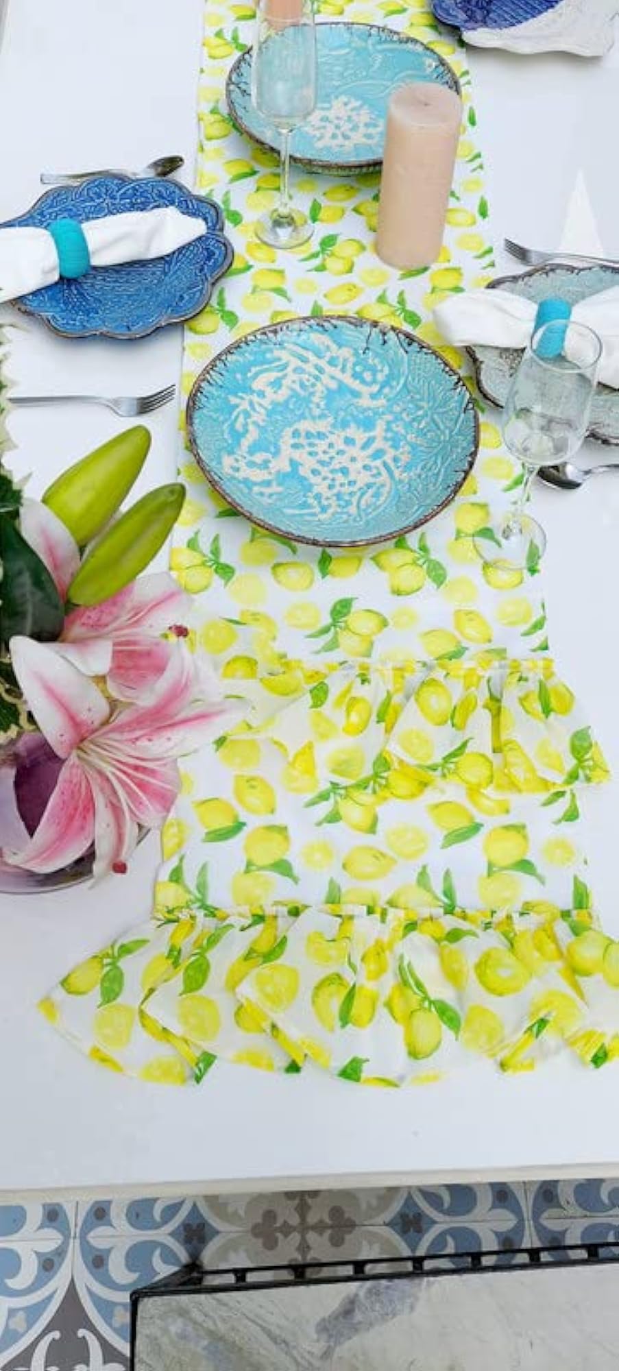 Lemon Printed Frilled Table Runner, 2 Seater