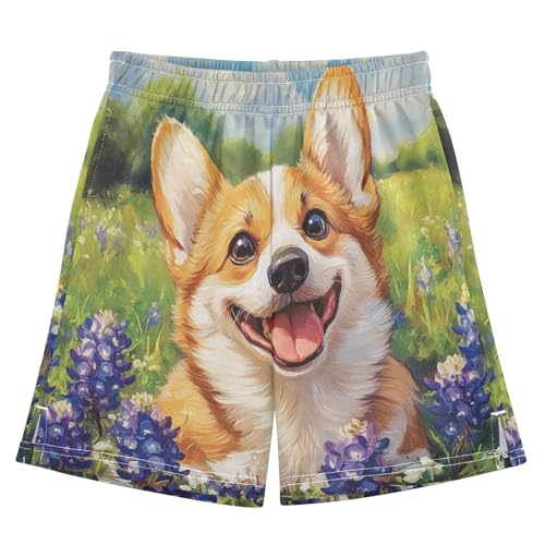 DOMIKING Corgi Lupines Green Kids Shorts Pull-on Boys Shorts with Elastic Waist Casual Athletic Pants for Playwear Summer