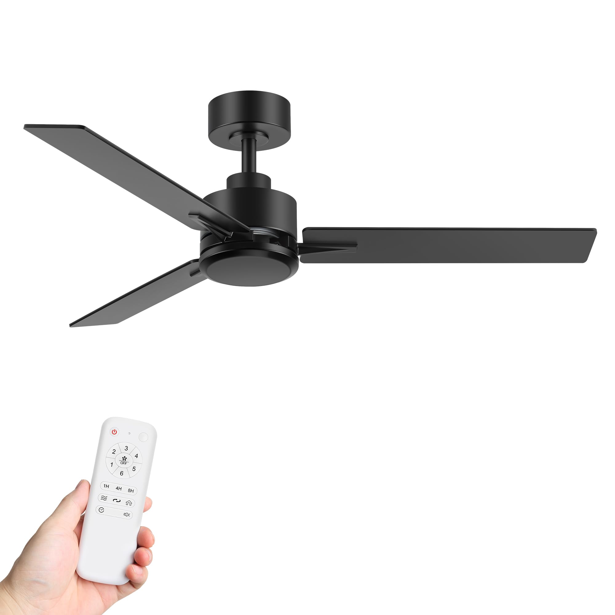 Breezary 48 Inch Industrial Ceiling Fans without Lights Remote Control, 6-Speed, Reversible DC Motor, 3 Blades, Modern Indoor/Outdoor Ceiling Fan No Light for Patio Home Office, Black