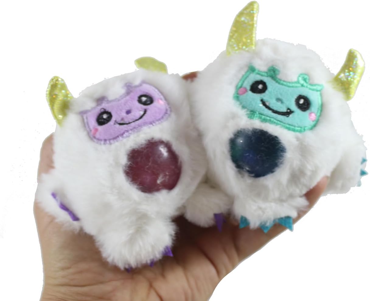 Set of 2 Plush Yeti Creature Bead Filled Squeeze Stress Balls - Sensory, Stress, Fidget Toy Bubble Blow Mystical Winter Abominable Snowman (2 Random Colors)