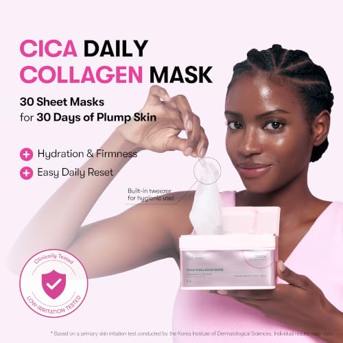 Image of VT COSMETICS CICA Collagen Daily Mask, 30 Sheet Masks with 300Da Low Molecular Collagen, CICA, Hyaluronic Acid & Niacinamide, Hydrating Firming Face Mask for Plump Skin, Korean Skincare