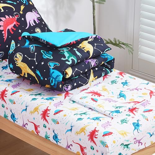 Image of lasoftan Toddler Bedding Set, Toddler Bed Comforter Sets for Girls, Toddler Bed Set, Space Dinosaur Printed