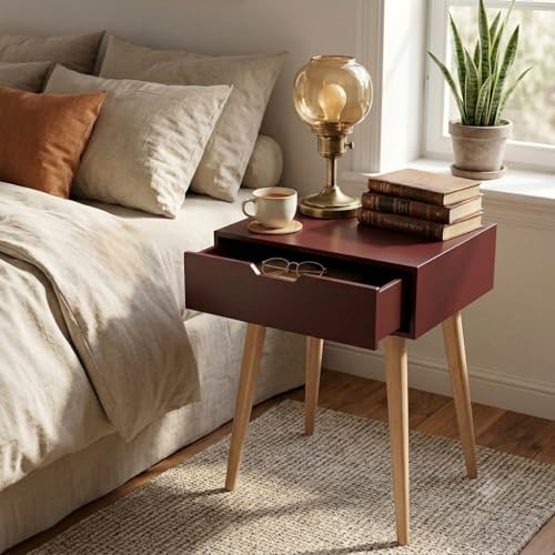 Image of Modern White Bedside Table with 1 Drawers & Wooden Legs | Compact Nightstand for Bedroom | Scandinavian Style Side Table with Storage for Home Living Room (Brown, 1 Drawer)