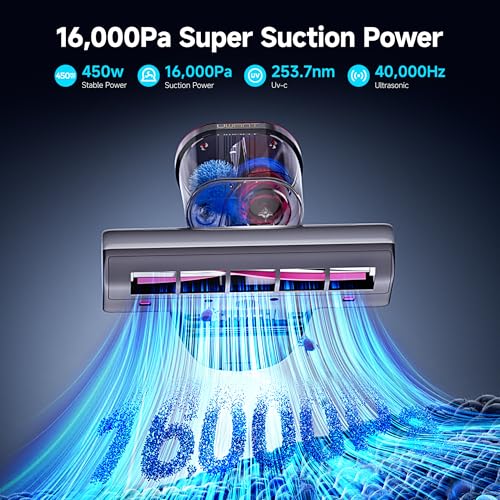 Image of uwant 16Kpa Mattress Vacuum Cleaner 450W Powerful Bed Vacuum Set of 1 | 36000RPM Tap Bed Vacuum, 253.7 UV-C Light, 149℉ Hot Air, Dust Indicator Mattress Vacuum with HEPA Filter, Dual Cup for Bed