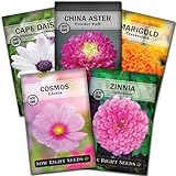 Sow Right Seeds - Flower Seed Garden Collection for Planting - 5 Packets Includes Marigold, Zinnia, Rose Mallow, Cape Daisy, and Aster - Wonderful Gardening Gift