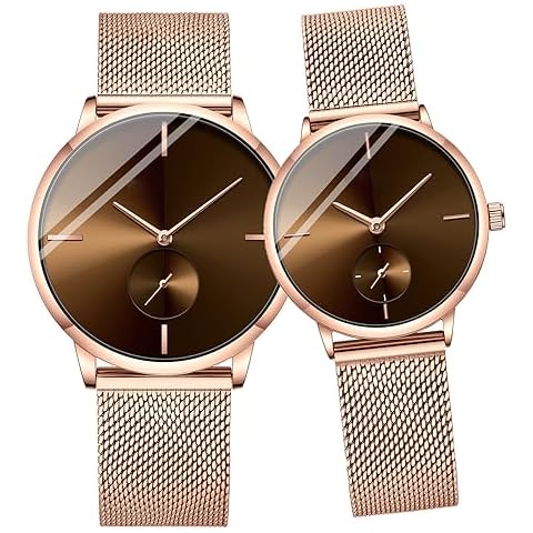 Ultra Thin Simple Couples Watches His and Hers Stainless Steel Mesh Strap Pair Watch Gifts Set Men and Women Quartz Watches (Rose Gold) Cover
