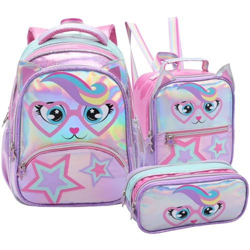 Mochila de Costas Escolar Infantil com Lancheira Térmica e Estojo Duplo Compartimento, Design Colorido, Kit 3 Peças, Material Reforçado, P/Criança Menina (Kit Escolar Gatinha Estrela)