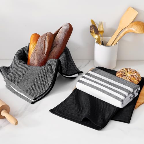 Image of Homaxy Premium Kitchen Towels(18 inchx 28 inch, 9 Pack), Large Cotton 380 GSM Kitchen Hand Towels, Soft and Absorbent Terry Dish Towels, Multipurpose Tea Towel Set with Hanging Loop, Black