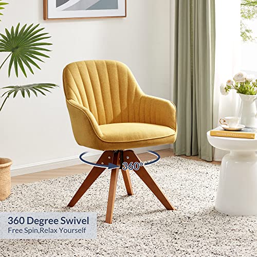Belleze Mid Century Swivel Chair, Modern Makeup Vanity Chair, Upholstered Linen Accent Armchair With Dark Oak Wood Legs For Home Office Study Living Room Bedroom, Yellow #TOP2