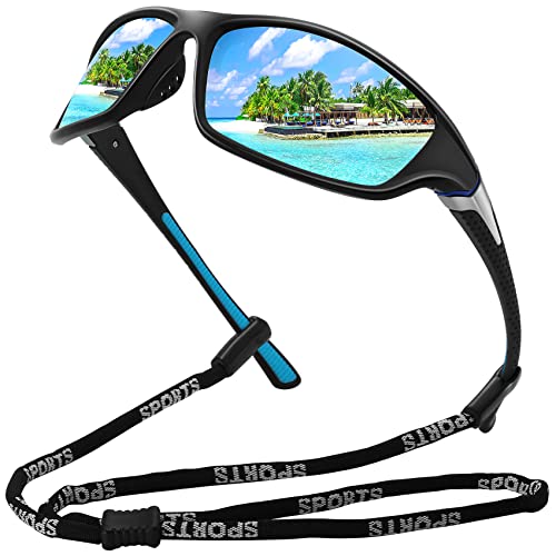 MEETSUN Occhiali Da Sole Sportivi Polarizzati Guida Ciclismo Pesca Protezione 100% Uv400 Per Unisex-Adulto (Montatura Nera-Lente A Specchio Blu - Standard)