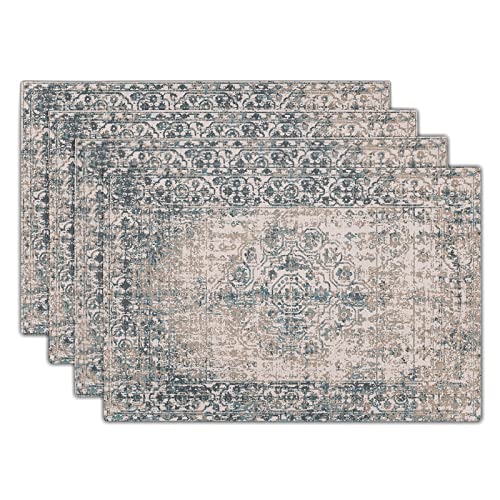 Image of Grey Brown Ethnic Boho Placemats Set of 4 Bohemian Carpet Vintage Gray Linen Washable Kitchen Dining Table Mats Stain Heat-Resistant Desktop Decor Place Mats for Home Party Indoor 12x18 in
