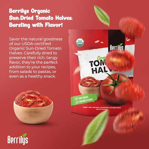 Image of Berrilys Organic Sun-Dried Tomatoes, Salted, No Sulfur, No preservatives, Kosher, Raw, Non-GMO, Requires Pre-treatment or Cooking Before Consumption, 7oz (Pack of 2)