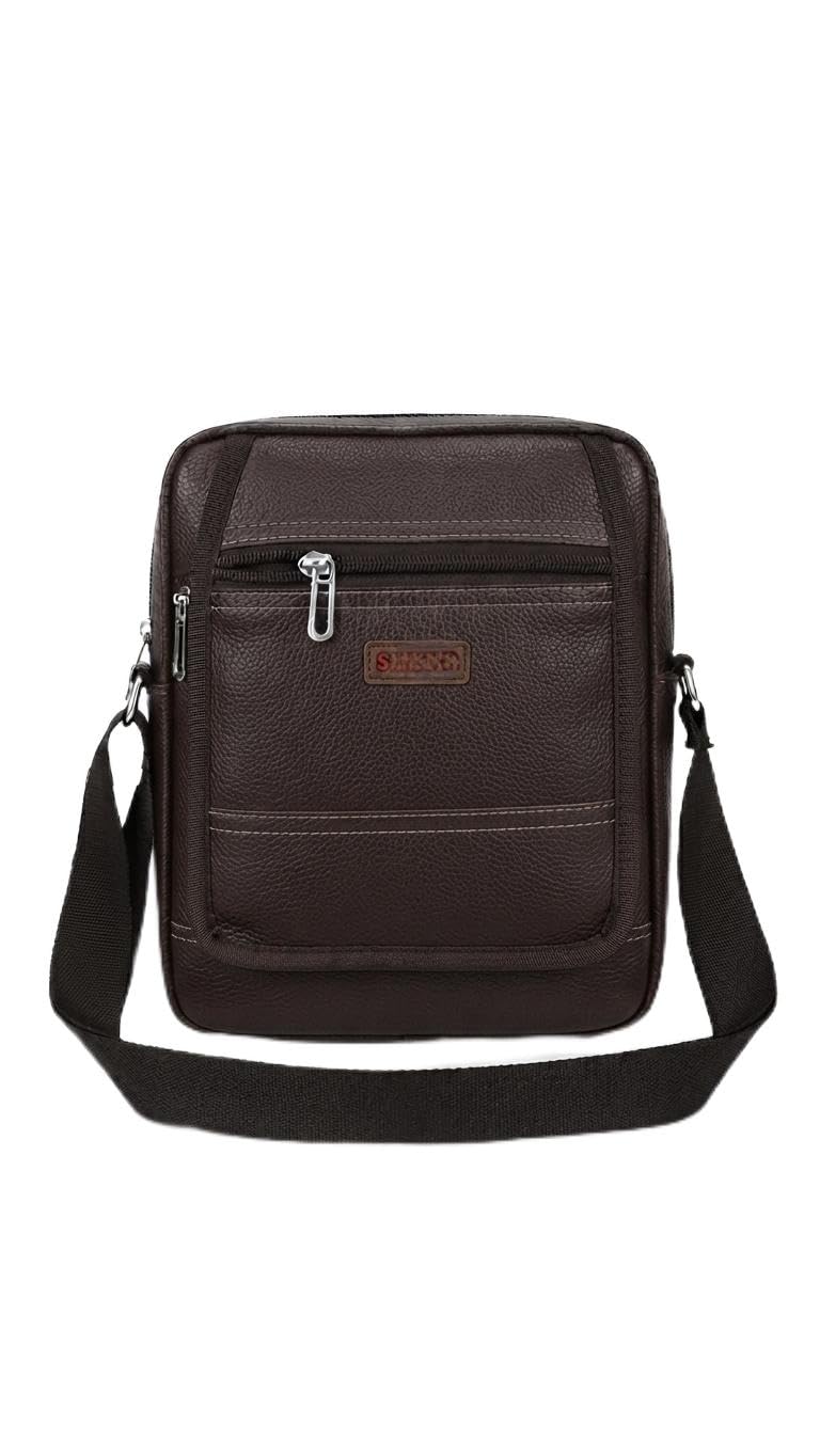 Men's Brown Leather Vertical Sling Bag with Front Zip Pocket-image-15