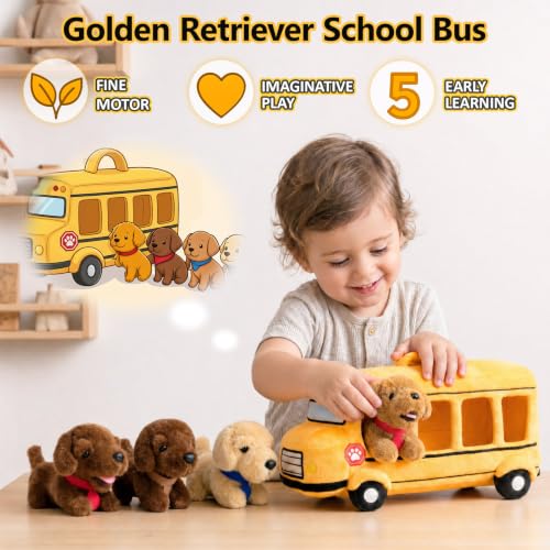 Image of OUOZZZ Dog Stuffed Animals Set with Plush School Bus, 5-Piece Puppy Toys | 4 Golden Retriever Stuffed Animals, Kindergarten Toys, Travel Toys for Kids
