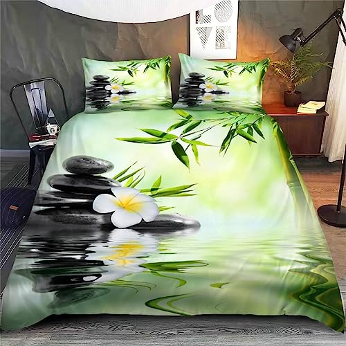 3D Housse de Couette Zen 220x240 Adulte 2Personnes Fermeture Éclair Microfibre Ultra Doux Respirante Orchidées Galets Bambou Parure de Lit ado Fille Garcon 2...