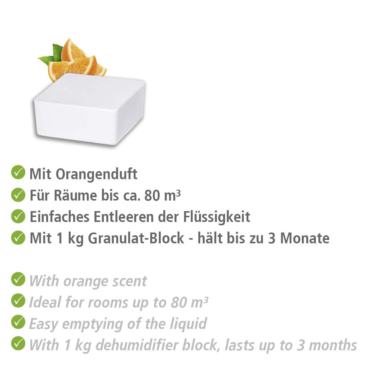 WENKO Nachfüller Raumentfeuchter Mod. Cube mit Orangenduft, 1000 g Nachfüllpack, reduziert Schimmel & Gerüche, 1 kg Granulatblock (Packung mit 4)