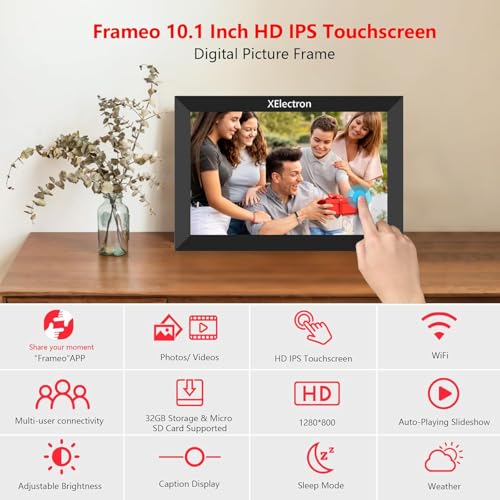 Image of XElectron 10.1 inch WiFi Digital Photo Frame with Slideshow, Video & Sound HD IPS Touch Screen, Smart Cloud Picture Frame with 32GB Internal Memory, Easy to Share via Frameo App Auto-Rotate
