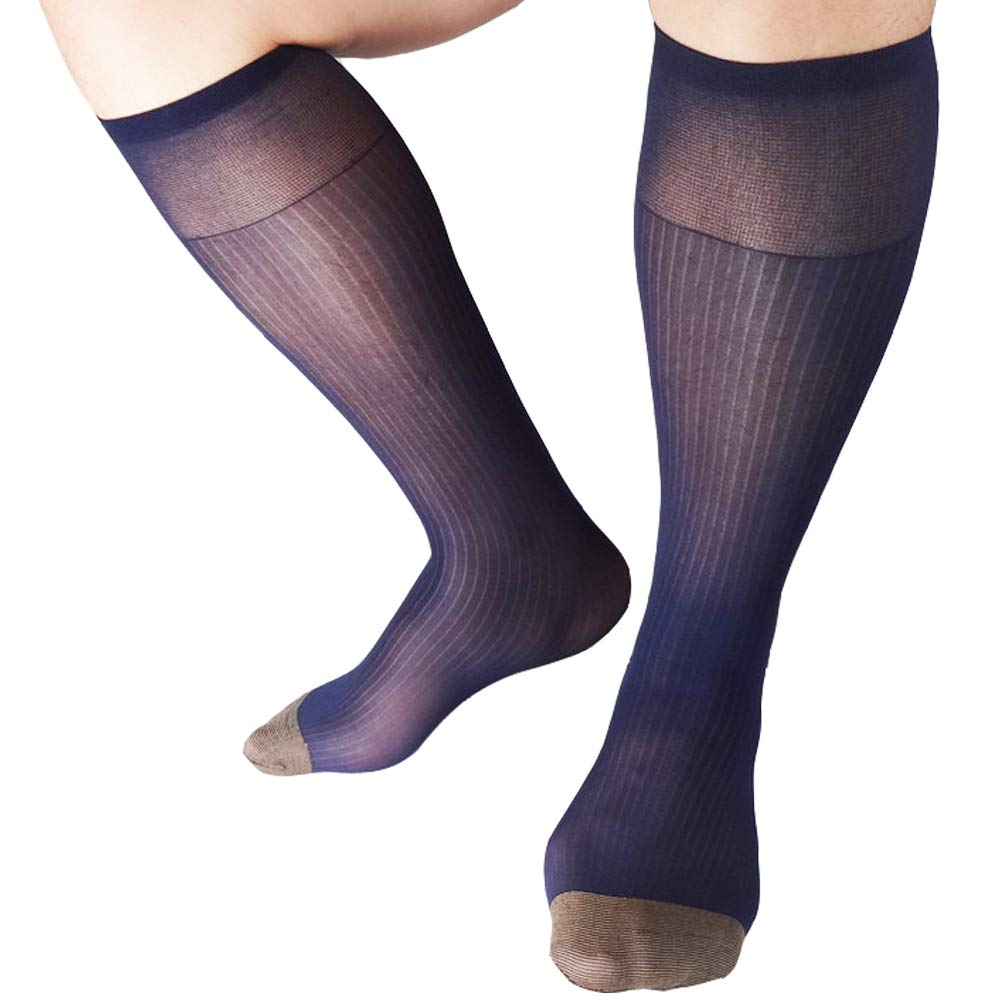 Mr.babuu Men's Navy 2Pairs Pack Otc With Yellow Toe Smooth Silk Striped Nylon Sheer Dress Socks