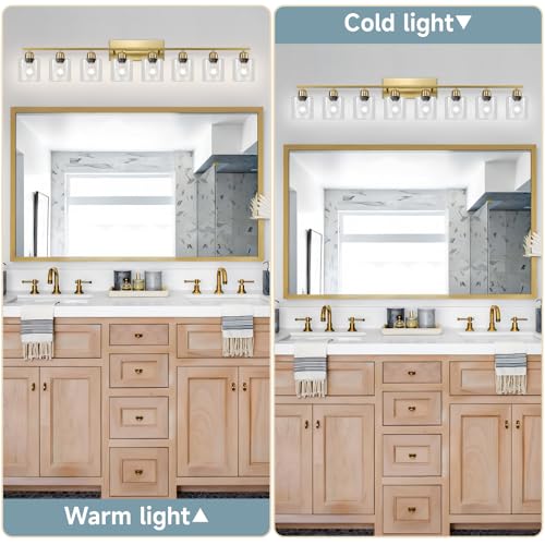 Image of Modern Brushed Gold 8 Light Bathroom Light Fixtures, 52 inch Vanity Lights for Bathroom with Clear Glass, Bathroom Light Fixture for Mirror Kitchen Living Room Hallway Cabinet Porch