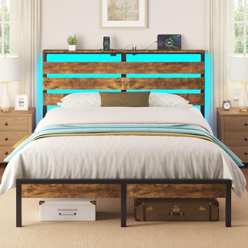 Image of Rolanstar Bed Frame Full Size with USB Charging Station, LED Bed Frame with Wood Storage Headboard, Rustic Brown Metal Platform Bed with Under Bed Storage, No Box Spring Needed, Noise Free