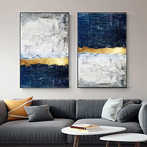 Impression affiche moderne mur d'or et bleu marine sur toile haut de gamme x2