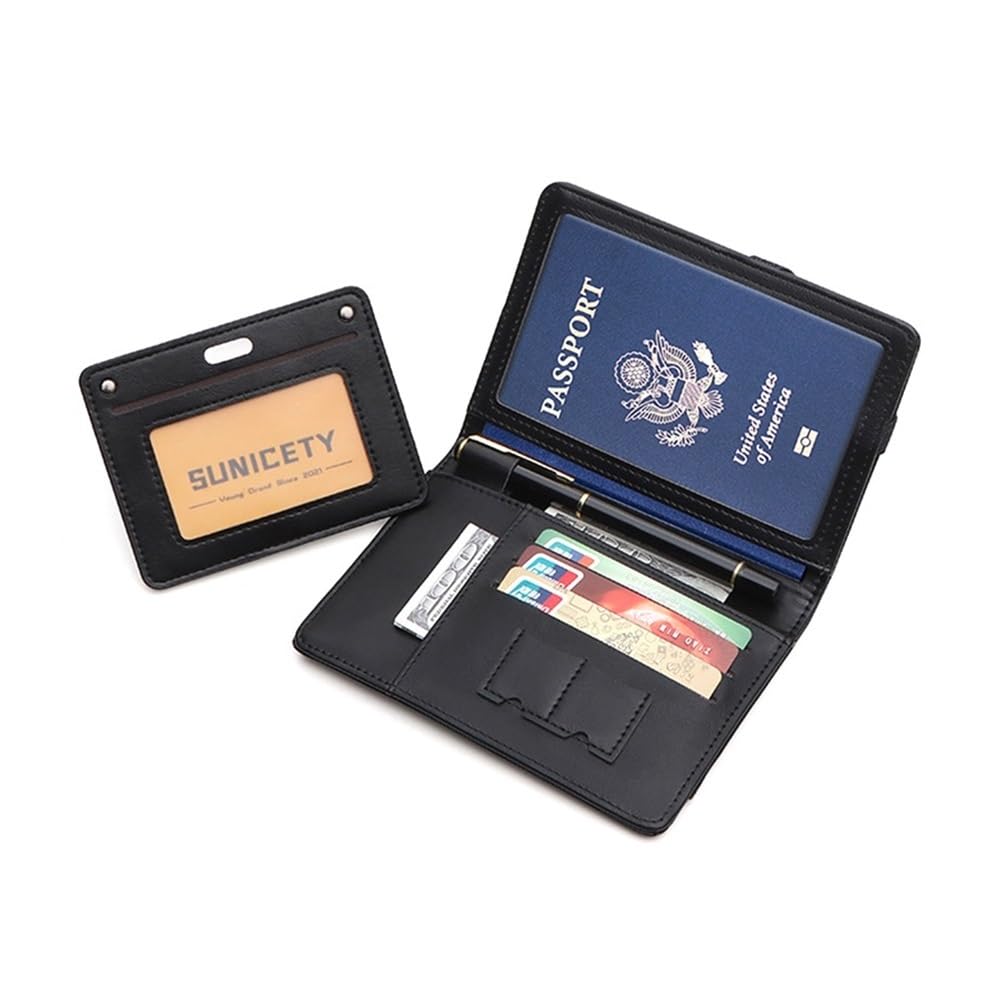 Funda de piel sintética para pasaporte de negocios con RFID para mujeres y hombres, multifunción, para tarjetas bancarias, accesorios de viaje, Black, Talla única