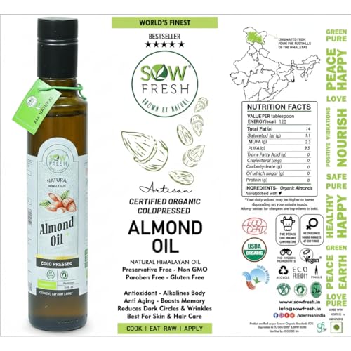 Image of Cold Pressed Almond Oil for Hair Growth & Cooking, Omega 3 & 6 Rich (250ml)