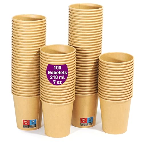 100 Gobelets Jetables en Carton Kraft de 210 ml / 7 oz. Résistants, Étanches. Idéaux pour le Café, le Thé et les Boissons Rafraîchissantes. Gobelets Kraft