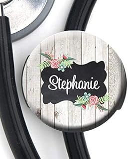 Stethoscope Tag - White Wood Picket Fence Floral - Personalized Name - Steth ID Tag/Nurse Badge