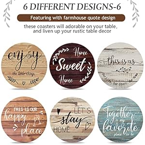Queekay Housewarming Gifts for Home Decoration Wooden Heart Coasters for Drinks 6 Set Farmhouse Coasters with Holder Funny for Family Coffee Table Protection 4Classic Farmhouse