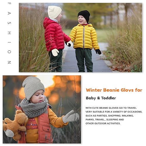 Image of Baby Beanie Hat Gloves Set, Kids Winter Warm Knit Hat with glvoes,Toddler Soft Beanie for Little Boys Little Girls Children
