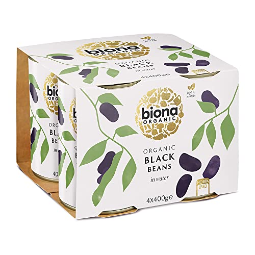 Biona Organic Black Beans 400g Pack of 4 - In Water Pre-Cooked & Ready to Eat - No Added Sugar or Salt - Source of Vegan Protein and Fibre - BPA Free Can Non GMA