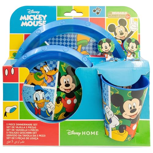 Conjunto de louça infantil reutilizável de 5 peças: copo, prato, tigela e talheres de Mickey