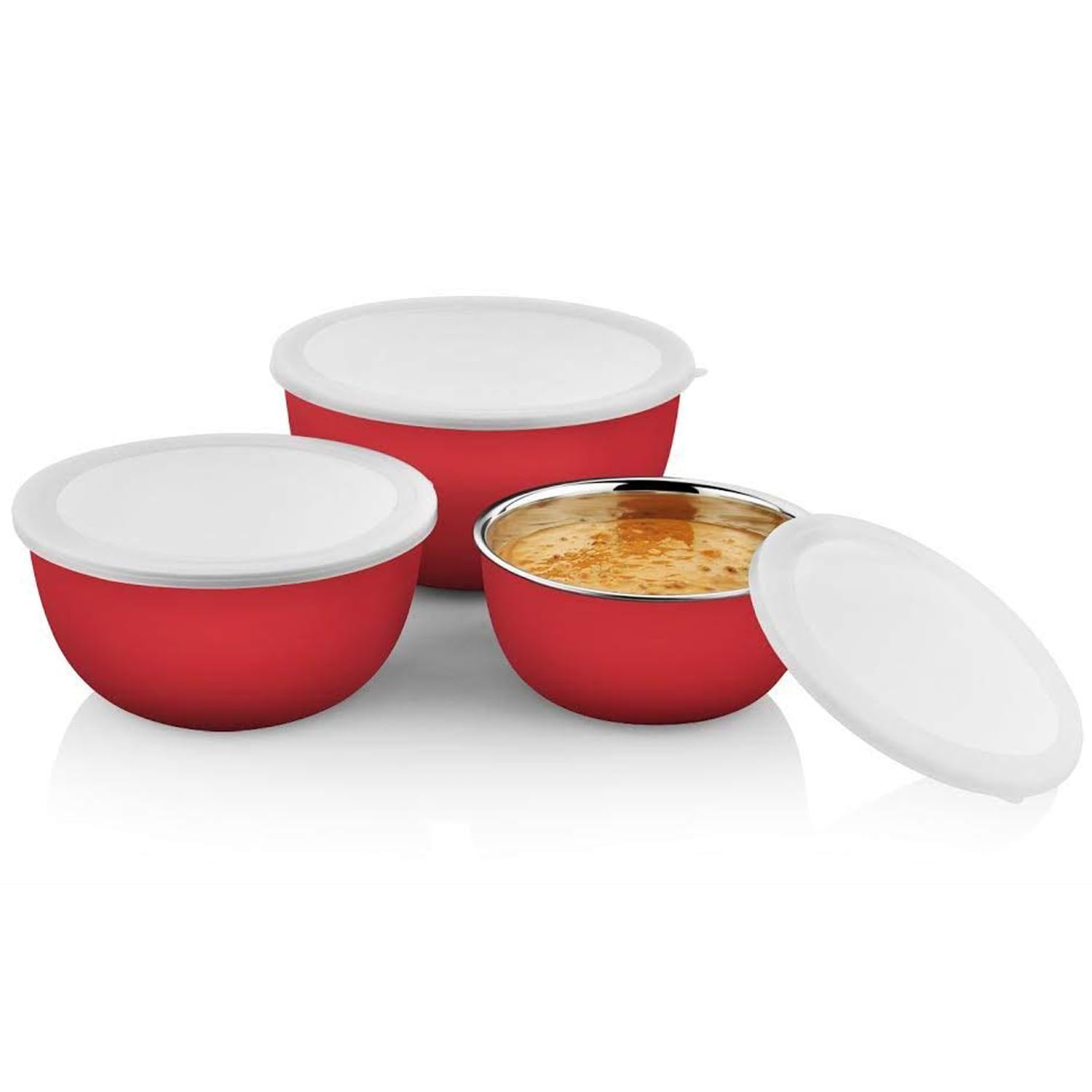 Microwave Safe Bowls, Serving Bowl with Lid, Set of 3, 500ml, 1000ml & 1500ml, (Red)