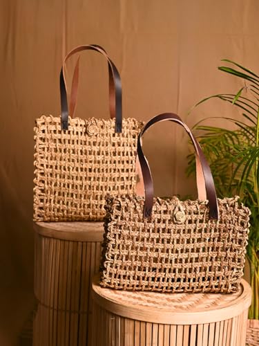 Image of KADAM HAAT Women Handmade Sabai Grass Lunch Bag with Leather Handle, Dry Grass Tiffin Bag for Lunch and Bottle for Office & School Eco-Friendly, Handcrafted (Beige)
