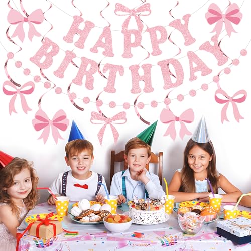 Image of Pink Bow Birthday Party Decorations Pink Glittery Happy Birthday Banner Garland Bow Hanging Swirls and Honeycomb Balls Coquette Birthdays Decor for Women Girls Birthdays Party Supplies