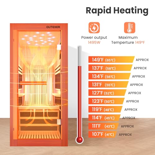 Image of OUTEXER Infrared Sauna 1495W Wooden Saunas Spa Room Pacific Clear Cedar Wood Single Person Indoor Saunas with Special Shaped Comfortable Backrest 32.68 * 47.24 * 69.29 Inch