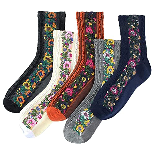 5 pares de calcetines florales bordados vintage para mujer, calcetines cálidos de algodón vintage para mujeres y niñas, Color mixto