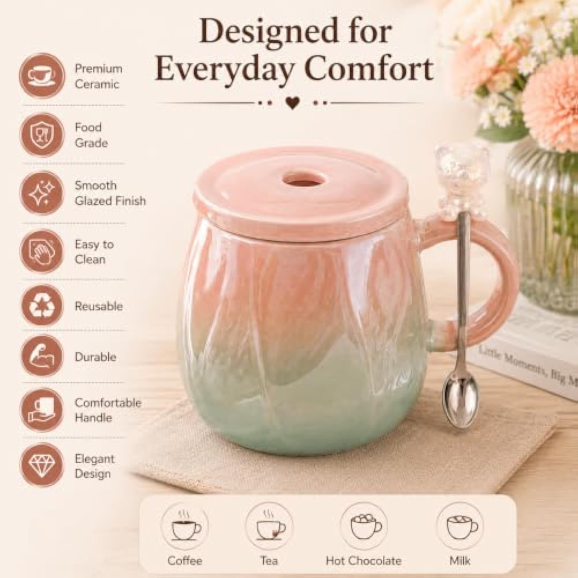 Ceramic Coffee Mug with Lid & Spoon, Gradient Design