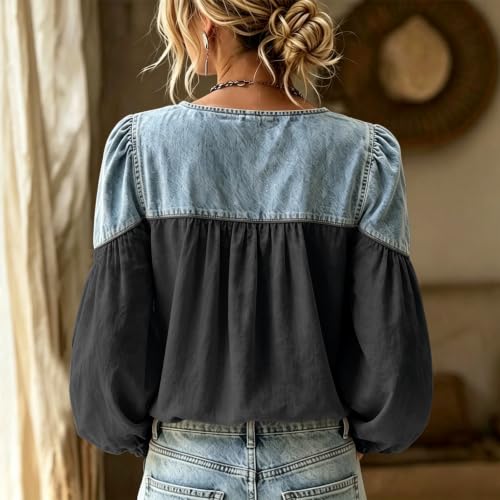 Floral Shirts for Women Button Denim Patchwork Puff Long Sleeve V Neck Tops - image 5