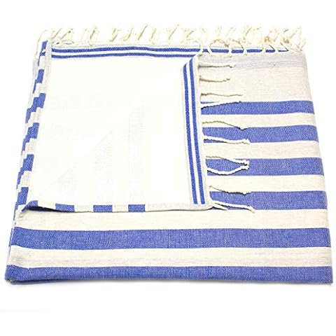 ANNA ANIQ Fouta Hammam Towel with Terry Cloth (One Side) XXL Extra Large 100 x 180 cm Beach Towel Sauna Towel 100% Combed Cotton Bath Towel Yoga Blanket Peshtemal Beach Towel (Blue Stripes) Cover