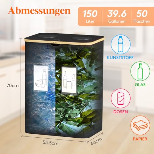 Lifewit 150L Pfandflaschen Sammelbehälter mit 2 Fächern und Deckel, Schwarz – Ansicht 2