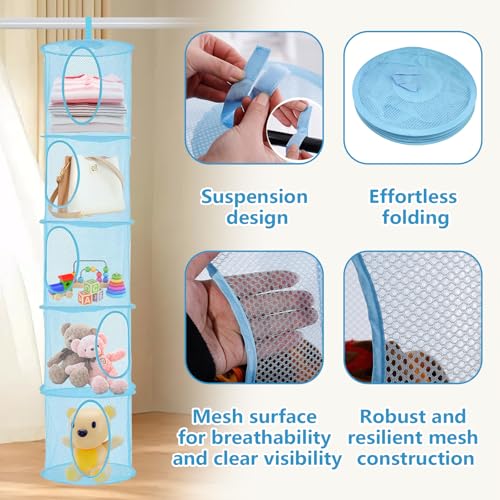 Zyluniy 2 Stück Hängender Speicherkorb, 5 Tier Faltbare Aufbewahrungsnetze, Kuscheltiere Hängeregal, Hängende Mesh Aufbewahrungsnetze, Hängeaufbewahrung Netz für Spielzeug, Kleine Kleidung (Blau)