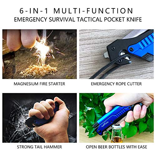 Image of ALBATROSS Best 6-in-1 Survival Tactical Military Folding Pocket Knives with LED Light,Seatbelt Cutter,Glass Breaker,Magnesium Fire Starter,Bottle Opener;Multi-Function Emergency Tool(Blue-SA)