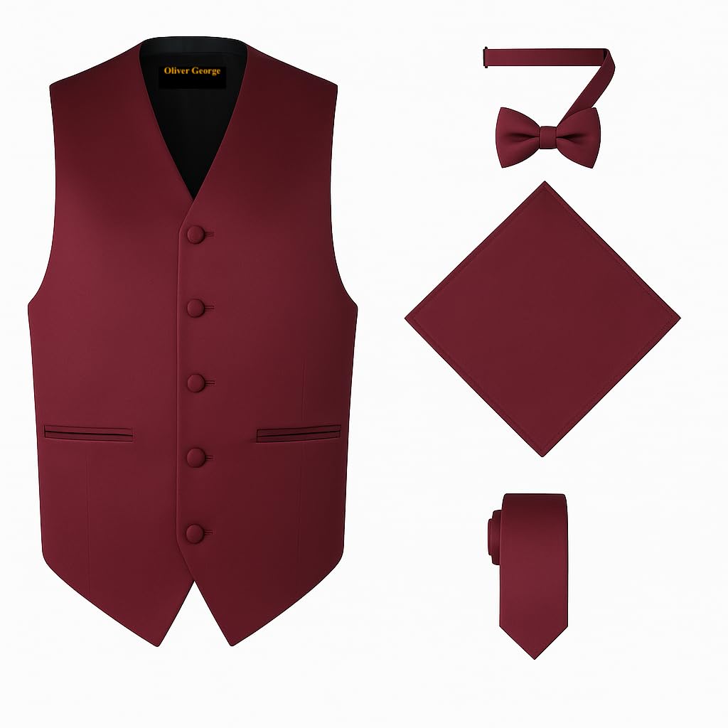 Oliver George 4pc Men's Solid Formal Suit Waistcoat Tuxedo Dress Vest Necktie Bowtie Handkerchief Set for Suit or Tuxedo, Wine Red, Medium