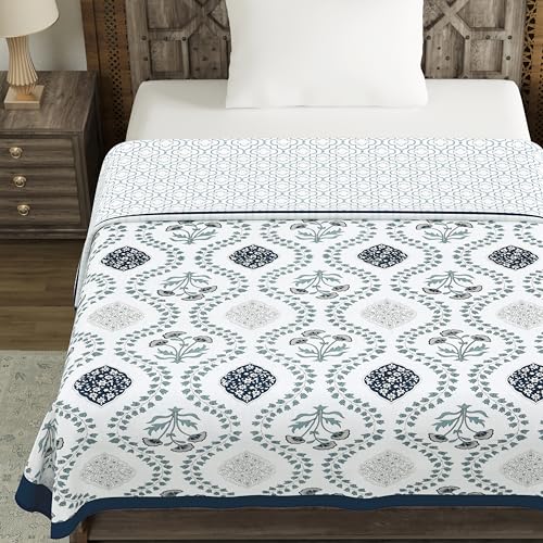 Image of BLOCKS OF INDIA Hand Block Printed Cotton Single Size Reversible Malmal Dohar for Summer (Royal Blue Motifs)