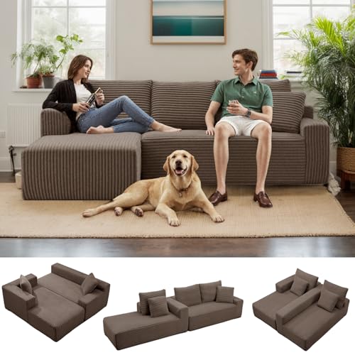 MEISIMAN 106'' L Shaped Couch, Deep Seat Sofa Cloud Couch with Chaise & Pillows, Modular Cloud Sectional Couches for Narrow Living Room Friendly, Tool-Free Setup(Dark Brown) - Image 3