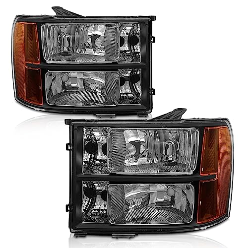 Image of Headlights Assembly for 2007 2008 2009 2010 2011 2012 2013 2014 Sierra / 07-13 GMC Sierra 1500 /07-14 GMC Sierra 2500HD 3500HD Black Housing Amber Reflector Replacement LH+RH