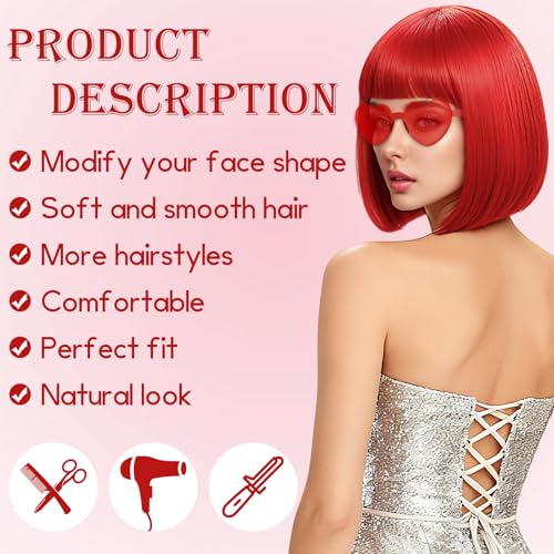 Image of 2 Pack Colored Bob Wigs and Heart Sunglasses Set, Black Red Short Straight Bob Wig with Bangs Neon Party Colorful Synthetic Hair for Women Men Halloween Costume Bachelorette Party Favors